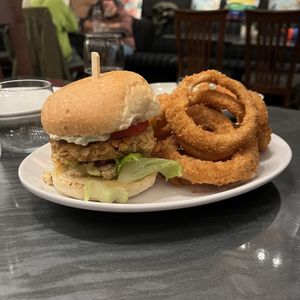 Chick’n Shawarma Sandwich, side of onion rings  at The Vegan Hippie Chick in Welland