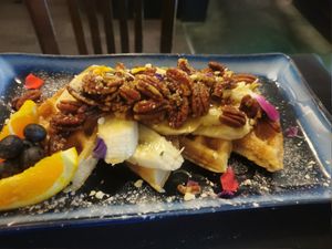Brunch waffle special (banana and pecan) at The Vegan Hippie Chick in Welland