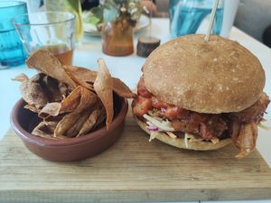 Pulled aubergine sandwich and parsnip crisps at South Street Kitchen in Sheffield