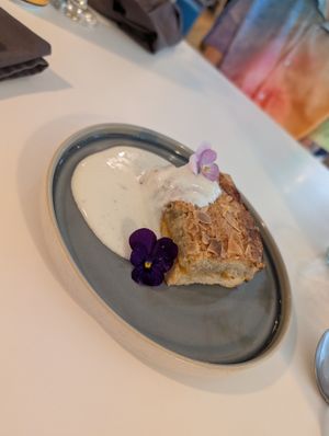Apricot frangipane with vegan vanilla yoghurt at South Street Kitchen in Sheffield