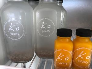 Kunahmul Organic Coconut Water with Chia Seeds & Turmeric citrus energy shot . at Martha's Cafe Belize in Belize City