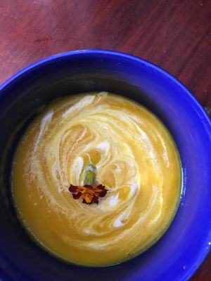 Carrot Ginger Soup with edible flower at Martha's Cafe Belize in Belize City