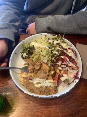 Rice, lentils, salad, broccoli  at Big Fig in Wanaka
