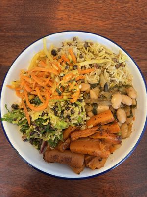 Butter bean tagine, mejudra, roast carrot, salads  at Big Fig in Wanaka