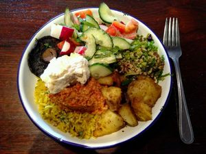 Vegan mixed veg & salad plate for $16 at Big Fig in Wanaka