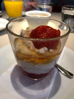 Amaranth, soy yogurt, honey, jam and strawberry  at Joma in Vienna