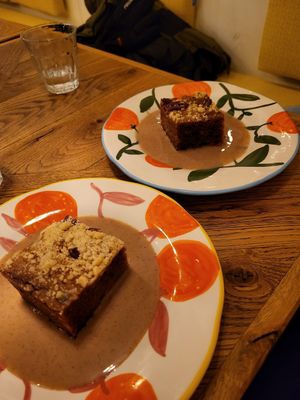 Brownie with caramel sauce at Karibu Cafe in Utrecht
