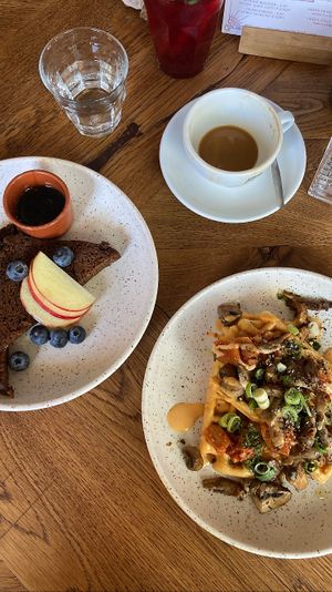 Brunch: kimchi waffles and banana bread   at Karibu Cafe in Utrecht