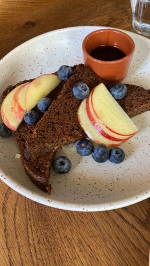 French toasted banana bread: warm, fluffy and delish   at Karibu Cafe in Utrecht