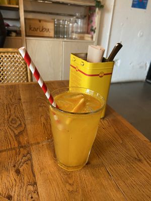 Kombucha with mango/ginger/chili: more sour than I’m used to. at Karibu Cafe in Utrecht