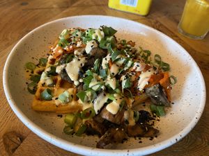 Kimchi waffles: savoury and tasty, but really spicy at Karibu Cafe in Utrecht