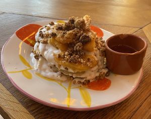 Peachy pancakes: sooo good! Way better than the bad pancakes I had here half a year ago. They’re creamy, the sweetness is balanced and there's a nice crunch. at Karibu Cafe in Utrecht