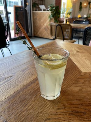 Homemade lemonade with lemon and thyme: a bit too sour for me.  at Karibu Cafe in Utrecht
