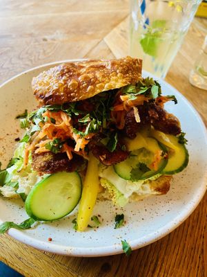Vietnom style sandwich with fried oyster mushrooms: quite good, but a bit sour. The bread was really good though and the oyster mushroom crispy.  at Karibu Cafe in Utrecht