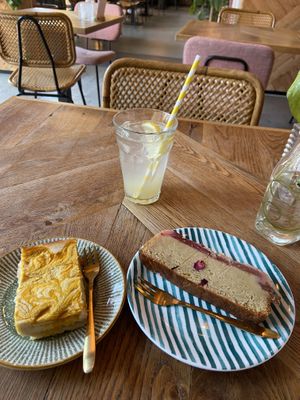 Lemon/cardamom lemonade (nice), vegan mango cheesecake (too much coconut flavour) and rhubarb cake (nice)  at Karibu Cafe in Utrecht