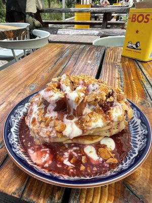 Berry pancakes. Divine. Lots of toppings  at Karibu Cafe in Utrecht