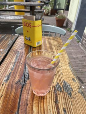Homemade strawberry x rosemary lemonade. Very good and not sweet  at Karibu Cafe in Utrecht