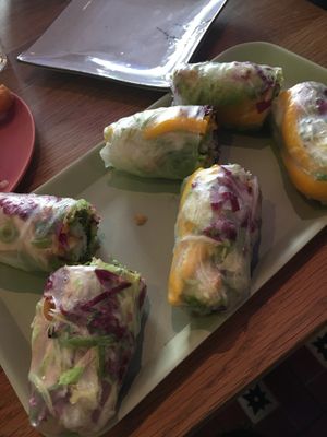 Vegan mango avocado springrolls (2 portions on the right) tofu springroll on the left  at Anan Saigon Streetfood in Utrecht