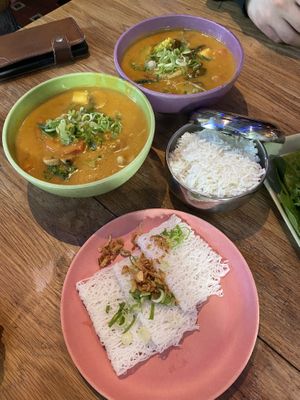 purple bowl- vegan duck in curry coconut, green bowl- vegan meat in curry coconut, additional steamed rice and rice noodles because “wok” dishes don’t contain carbs   at Anan Saigon Streetfood in Utrecht
