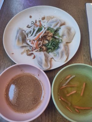 Dumplings with a peanut sauce and a vegan fish sauce at Anan Saigon Streetfood in Utrecht