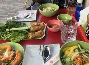 Vegan shrimp, mango avocado salad, fried rice without egg and fried vegan “egg” rolls at Anan Saigon Streetfood in Utrecht