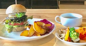 Veggie burger lunch set at Erbenmu in Setouchi