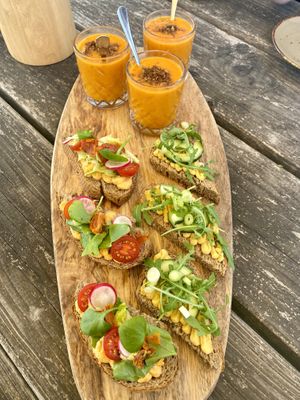 First round high tea: sweet potato soup and sandwiches with hummus and sun dried tomato cream cheese  at Black & White Kafe in Breda