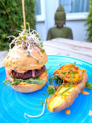 Burger with sweet potato at Black & White Kafe in Breda