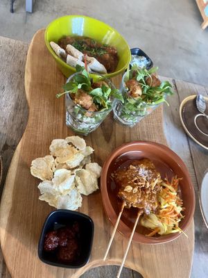 Second round high tea: aubergine stew, falafel salad and chicken satay  at Black & White Kafe in Breda