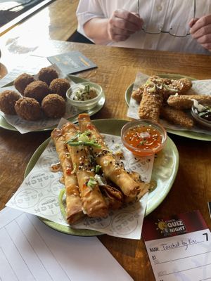Cheese spring rolls, bitterballen and chick'n wings  at Ping Pong Parck in Amsterdam