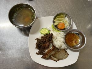 Wife with veggie meat at Ahaa Boer Vegetarian Food in Battambang
