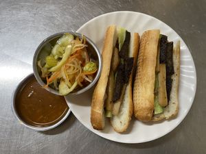 Baguette with mock meat and pickles  at Ahaa Boer Vegetarian Food in Battambang