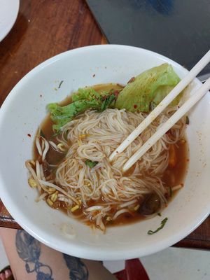 Veggie sweet beef noodle soup (halfway eaten) at Ahaa Boer Vegetarian Food in Battambang