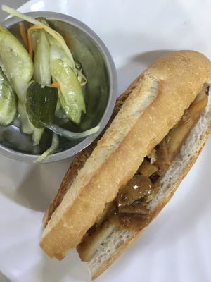 Sandwich with mock meat and pickles   at Ahaa Boer Vegetarian Food in Battambang