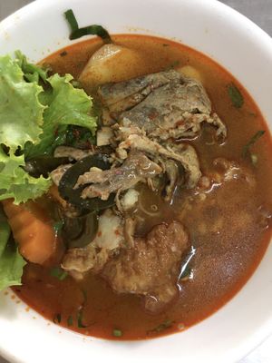Vegan sweet beef soup with Chinese noodles (rice vermicelli)  at Ahaa Boer Vegetarian Food in Battambang