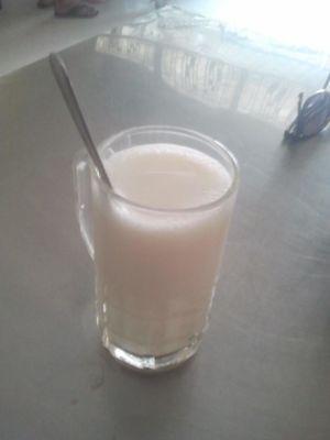 Hot/cold unsweetened/sugar soy milk 1000 riel at Ahaa Boer Vegetarian Food in Battambang