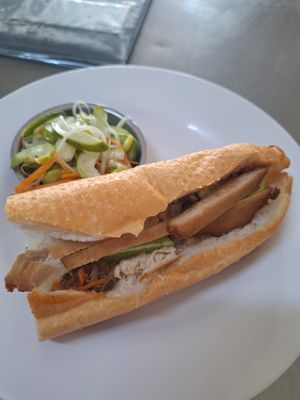 Bread with mock meat at Ahaa Boer Vegetarian Food in Battambang