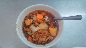 Veggie sweet "beef" soup with yellow noodle at Ahaa Boer Vegetarian Food in Battambang