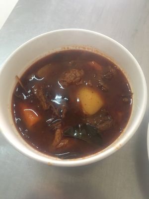 Sweet (mock) beef soup w/ potato and carrot at Ahaa Boer Vegetarian Food in Battambang