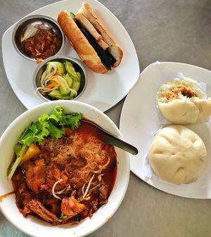 Baguette, “beef” noodle soup, dumplings at Ahaa Boer Vegetarian Food in Battambang