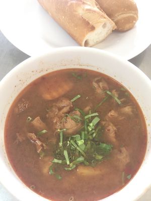 Seet veggie beef mushroom soup with bread at Ahaa Boer Vegetarian Food in Battambang
