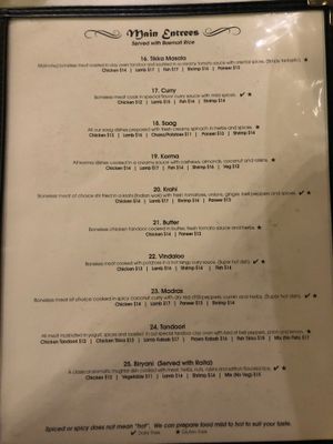 Main Entrees at Shahi Palace in Sioux Falls