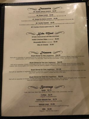 Specials, desserts, kids meal, beverages  at Shahi Palace in Sioux Falls