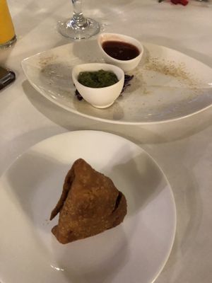 Vegetable Samosa with sauces  at Shahi Palace in Sioux Falls