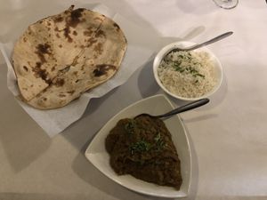 Baingan Bharta, rice and roti. at Shahi Palace in Sioux Falls