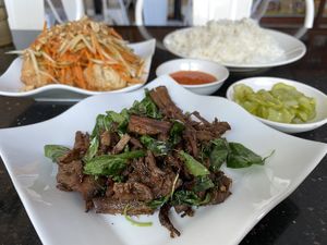 Fried straw mushrooms at Monorom Garden in Battambang