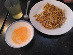 Fried noodles with bean chucks and sour sauce at Monorom Garden in Battambang