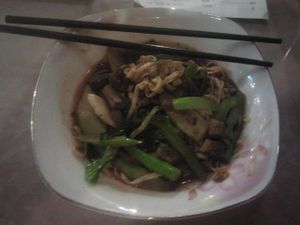 Mushroom noodles 4500 riel at Monorom Garden in Battambang