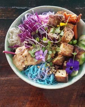 Asian persuasion noodle bowl at The Vegan Shack in Richmond
