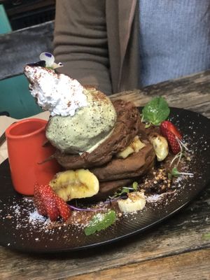 Choc fudge banana pancakes with mint ice cream at The Vegan Shack in Richmond